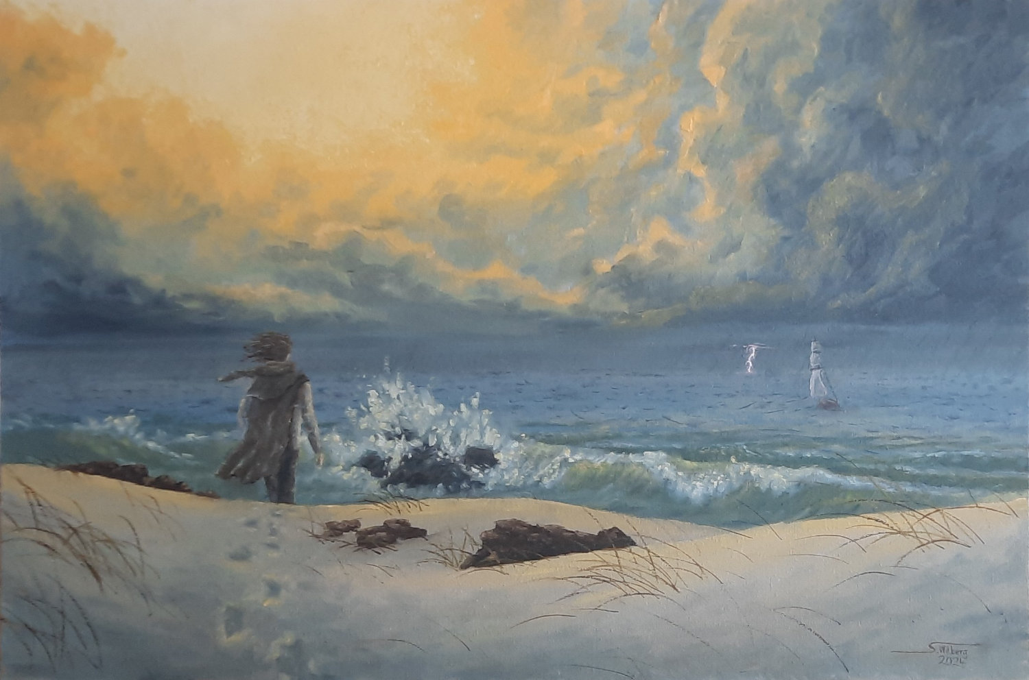 Eine Malerei mit eine Person welche in der linken Bildhälfte positioniert ist und an einem Dünenstrand steht und aufs wolkenverhangenes Meer mit zwei Segelbotten schaut