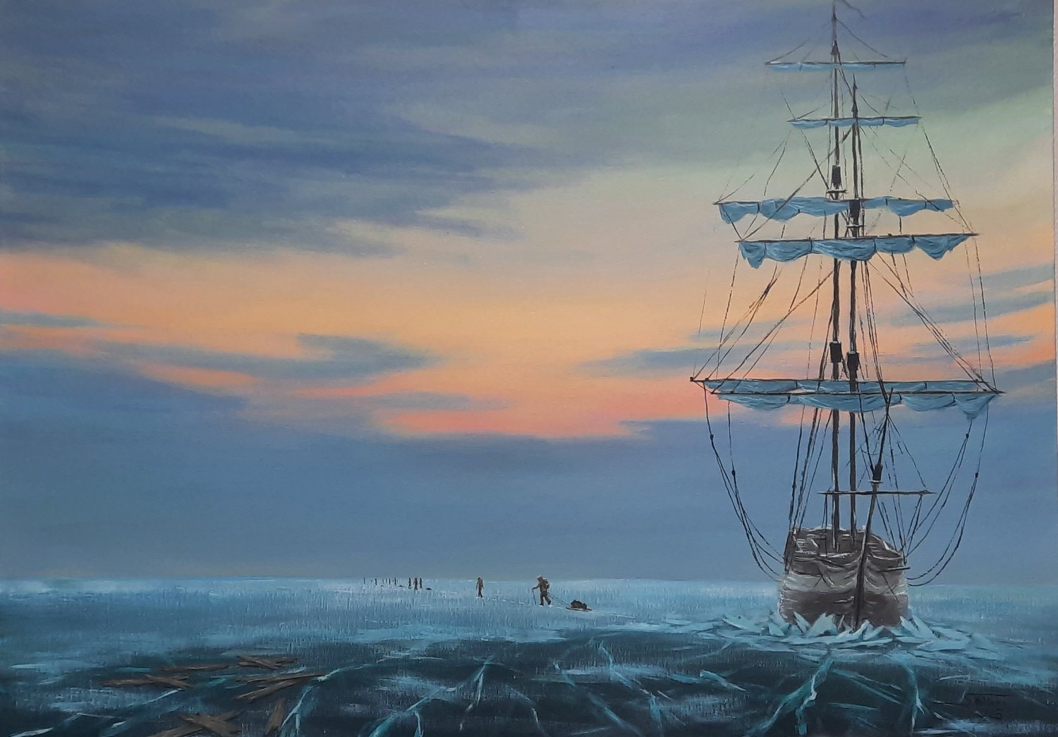 ein Segelschiff von hinten mit eingezogenen Segeln feststeckend auf dem gefrohrenem Meer