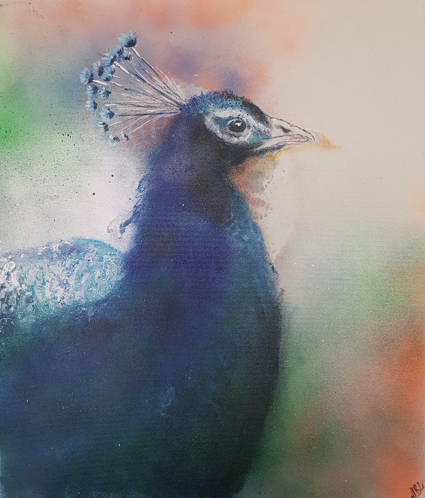 Acryl auf Leinwand 70x60 cm ein Peacock von einem bunten Hintergrund
